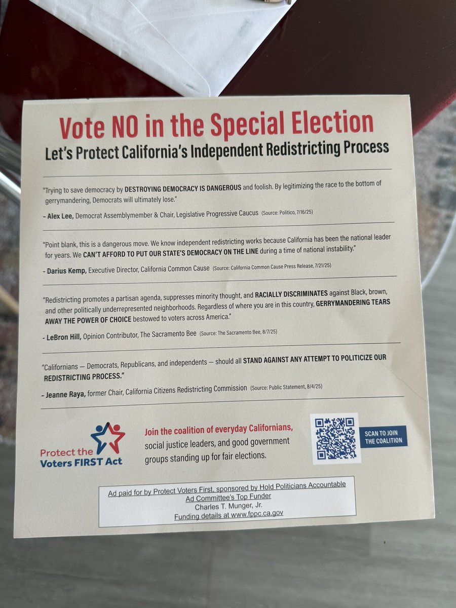 Republicans are already starting an aggressive campaign in CA to stop the redistricting, sending mailers disguised as Dem endorsed. Where tf are California Dems right now? Do not assume this is an easy win. #redistricting #gavinnewsome #voteyes #specialelection