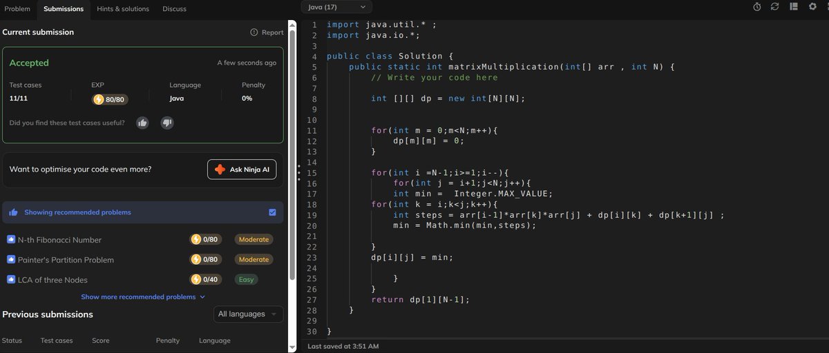 Shivang141204's tweet image. 🗓️23 August 2025
✅ Solved:
🔹 Matrix Chain Multiplication using Memoization
🔹 Matrix Chain Multiplication using Tabulation
💻learned about cloning, exception handling, collections framework, and enums - completely revised OOPs
#DynamicProgramming #Java #oops #CodingJourney