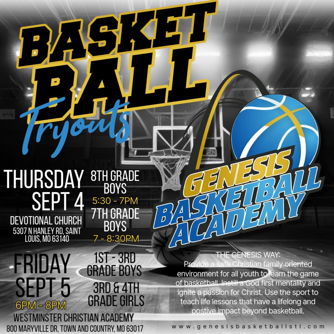 Genesis_Basketb's tweet photo. 🚨 Genesis Basketball Tryouts 🚨

📍 Sept 4 – Devotional Church
8th Grade Boys: 5:30–7pm
7th Grade Boys: 7–8:30pm

📍 Sept 5 – Westminster Christian
1st–3rd Grade Boys &amp; 3rd–4th Grade Girls: 6–8pm

✅ Pre-register: https://t.co/L9moMnkba1 https://t.co/gQN8xAMmR6