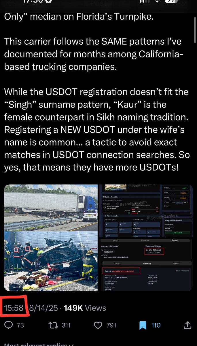Just to see something for the “you got this from them” people, I went back to the post where I first saw the Florida wreck. Within 44 minutes, I had all details &amp; related companies. The only missing piece was the driver’s name.

🙃