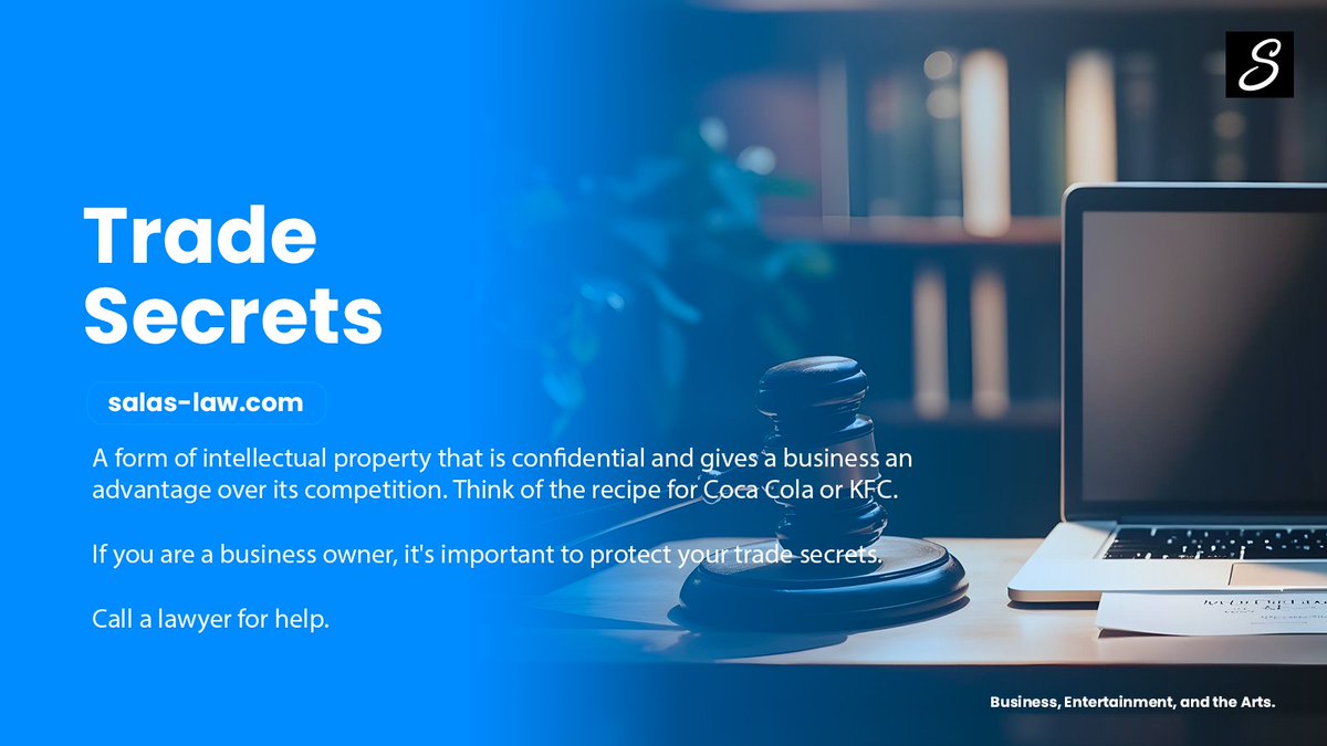 ASalasLaw's tweet photo. As a business, protecting your trade secrets can be crucial to your success. Learn how to protect them! #tradesecrets #business #BusinessMan #entrepreneurs #BusinessSolutions #businessadvice #intellectualproperty #abogado #propiedadintectual #empresarios #latino #Lawyers https://t.co/hpZfiv75sz
