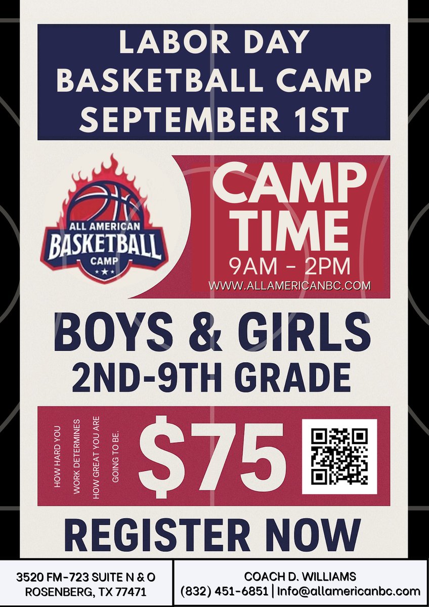 🏀 LABOR DAY BASKETBALL CAMP (September 1st)

What to Expect:

✅ Skill-building drills
✅ Shooting + ball-handling workouts
✅ Competitive games &amp; contests
✅ Special guest coaches
✅ Prizes + giveaways

📢 Spots are limited — register now!
👉 allamericanbc.com/camps