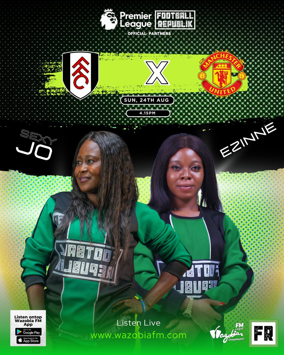TheRepublikans's tweet image. #Therepublikans don tanda to offer you better pidgin commentary for these key matches.

Join 🎙 @Buchi_Laba, @iamsexyjoe  &amp;amp; @Duchessofsports on @Wazobia_FM 

🔥Crystal Palace V Nottingham Forest
🔥Everton V Brighton
🔥Fulham V Manchester Utd

#Pidgincommentary #EPL #FULMUN