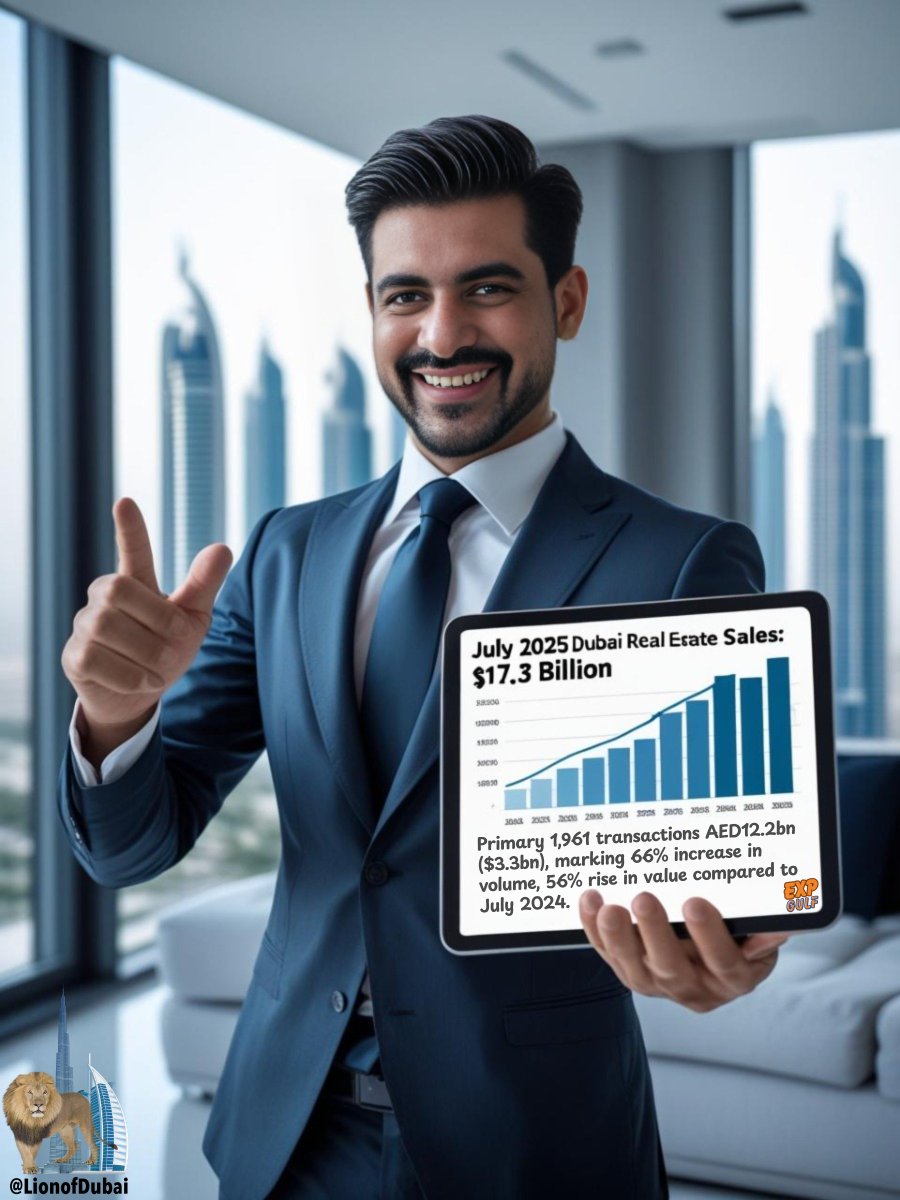 lionofdubai's tweet photo. Dubai Real Estate hits $17.3bn in July 2025 sales as off-plan demand soars;
The primary ready segment recorded 1,961 transactions worth AED12.2bn ($3.3bn), marking a 66 per cent increase in volume and a 56 per cent rise in value compared with July 2024.

Among the top 10 most in-demand communities, nine are in Dubai:
• Dubailand
• Dubai South
• JVC
• Dubai Investment Park
• Deira
• Dubai Hills Estate
• Dubai Creek Harbour
• Dubai Marina
• Business Bay

Al Marjan Island in Ras Al Khaimah the sole non-Dubai real estate entry.
.
.
.
.
.
.
.
.
.

+52917-139-0009
+1(323)792-0090
https://t.co/ipxf8EYMiM
@eXpGulf
.
.
.
.
.
.
.
.
.
.

#expproud #exprealty #kw #kellerwilliams #remax #realtorlife #century21 #realestatedubai #dubairealestate #hnwi #uhnwi #luxurylife #dubaihomes #eXpGulf #lionofdubai #lionofcryptos #exfuse