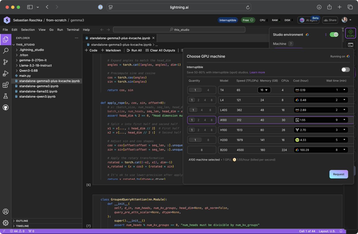 I love this upgrade. Lightning AI is my go-to cloud compute platform due to its user-friendliness (great UI, persistent environment, multi-GPU and multi-node support, etc), and now the prices are also really great.

An A100 for $1.55/hour through Lambda Labs or an H100 for $2.70