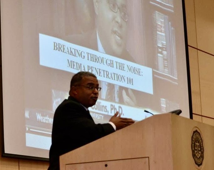 “Breaking through the noise: Media penetration 101” is a standard seminar I do for corporate groups. I did one for the Faculty at Dillard a few years back. My former president, Dr. Walter Kimbrough, took this shot. It popped up on my Facebook memories. ￼￼