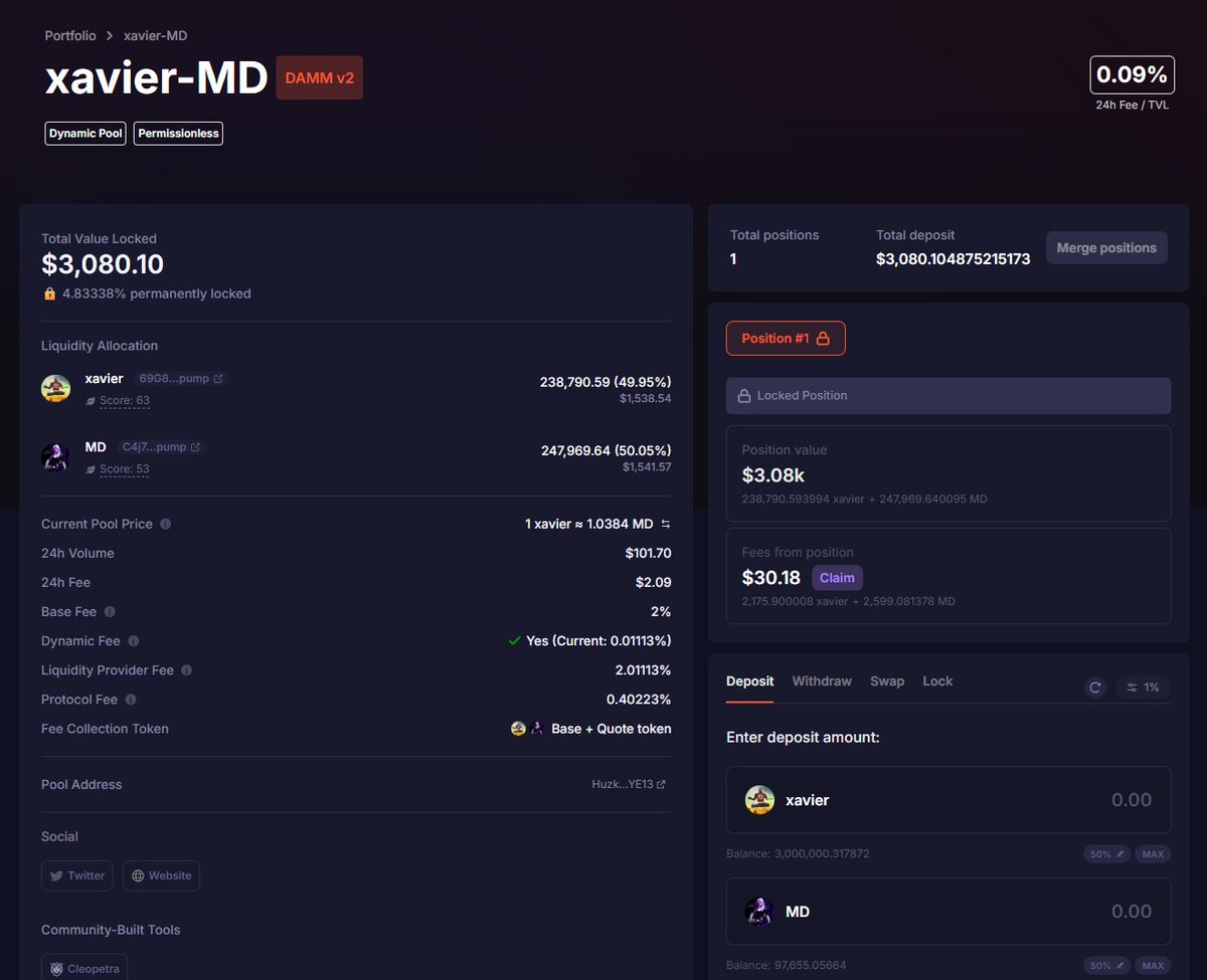 If you're like me and are holding both $xavier &amp; $MD long term

Consider adding to the $xavier / $MD liquidity pool

I created this pool ~5 days ago, with an initial deposit of just 3k. 

It has already printed me $30, not bad for just 5 days.

But consider the pair volume is