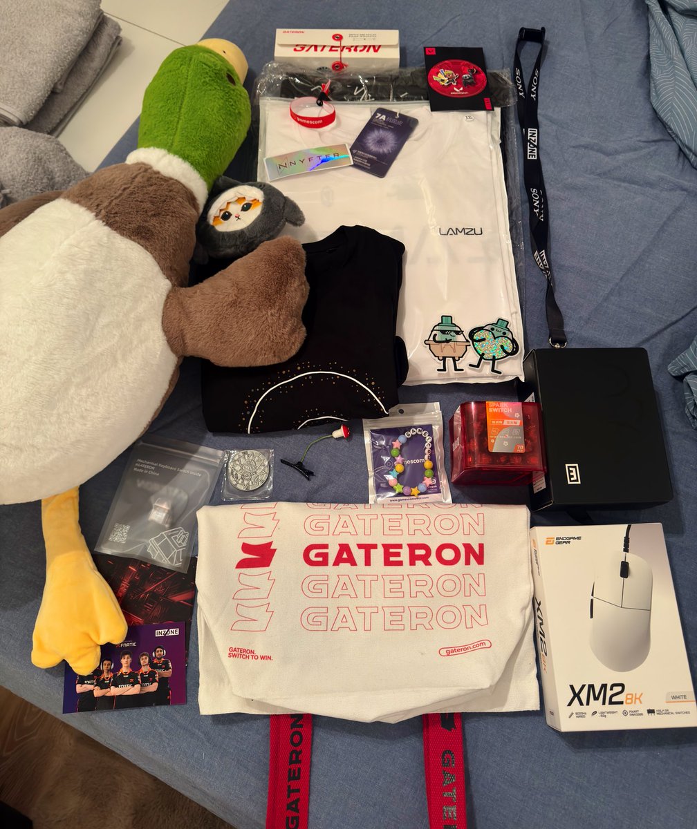 Gamescom 2025 haul &gt;:) ft wooting uwu and mouse my bf won for being good at games……….(almost everything was free)
