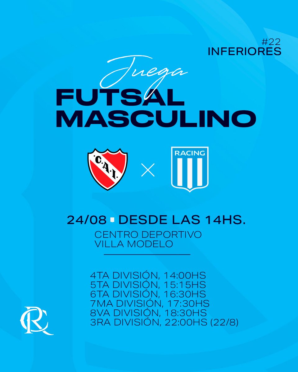 FUTSAL MASCULINO - INFERIORES

⚽️ Torneo de inferiores - fecha 22
🆚 Independiente
📆 Domingo 24/8
🕣 Desde las 14:00hs
🏟️ Centro Deportivo Villa Modelo (Limay 1615, Gerli)
🎫 $5000

#VamosRacing