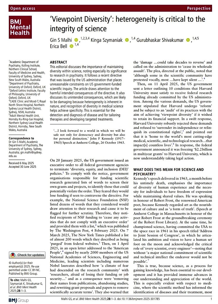 Viewpoint Diversity is Vital for Science Integrity. A new editorial warns that limiting heterogeneity in research, especially in psychiatry, undermines scientific progress and patient care. 
Diversity isn't a bonus; it's a necessity.

<a href="/GskShivu/">Shivakumar</a> <a href="/AnaHedgerow/">Kinga Szyman</a>
<a href="/edyong209/">Ed Yong is not here</a>