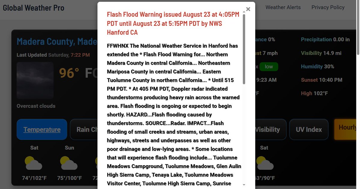 Point Forecaster for Android (@point_forecast) on Twitter photo #FlashFlood #Flood #CAwx
<a href="/NWSFlashFlood/">@NWSFlashFlood</a> has issued a Flash Flood Warning continuation for Madera County, CA, Mariposa County, CA, Tuolumne County, CA until 5:15 PM PDT
globalweatherpro.com/weather-alerts… #FlashFlood #Flood #CAwx
<a href="/NWSFlashFlood/">@NWSFlashFlood</a> has issued a Flash Flood Warning continuation for Madera County, CA, Mariposa County, CA, Tuolumne County, CA until 5:15 PM PDT
globalweatherpro.com/weather-alerts…
