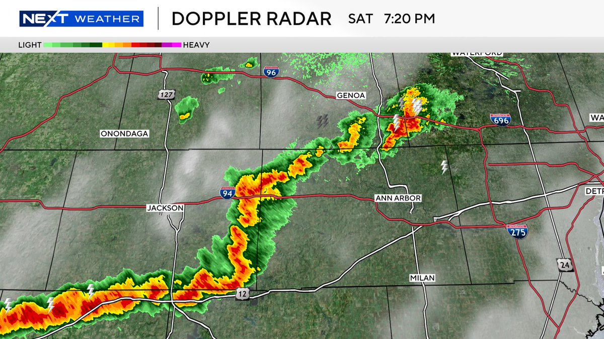 Strong storms will impact parts of Oakland, Livingston, and Washtenaw counties through 8 pm. Expect wind gusts over 40 mph which may knock down tree limbs and blow around unsecured items. #michiganweather