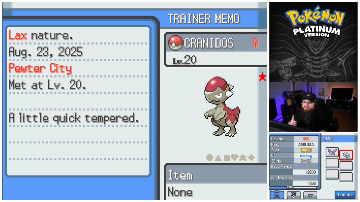 Shiny Cranidos for 🦴Fossil Week 2025🦴 after a brief 1508 encounters in HeartGold/SoulSIlver!

Onto Shieldon next!!