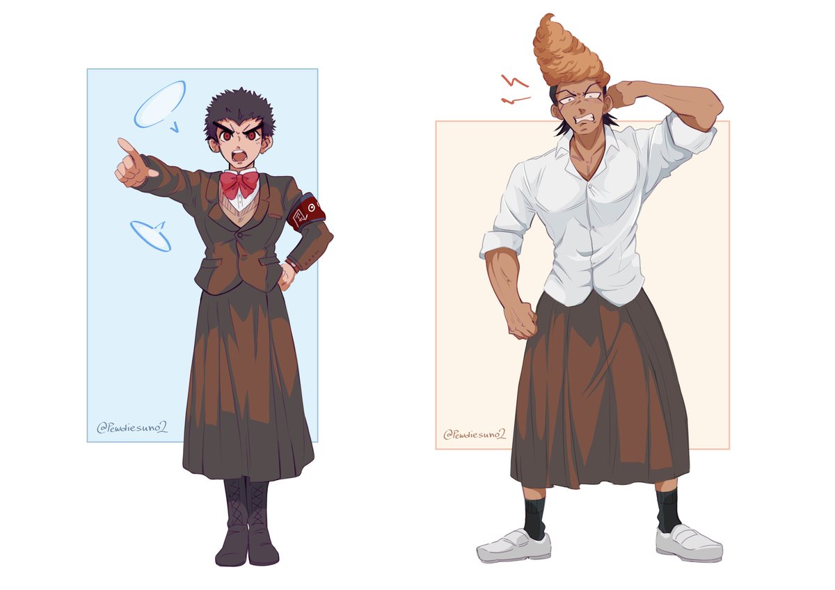School uniform 🏫 

AU where everything is the same, except everyone is wearing skirts. 

#myart #myartwork #crackart #danganronpa #triggerhappyhavoc #ishimondo #kiyotakaishimaru #mondoowada