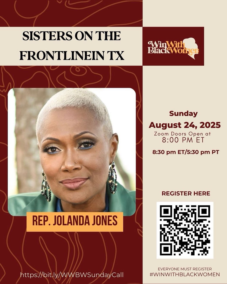 I was a proud Quorum Breaker—I did NOT go back. ✊🏽 Republicans passed racist maps stealing 2 Black seats. TX-9 is in chopping block right NOW! 🚨 Honored to be the special guest on Win With Black Women—please register &amp; join us! 💛 Register: bit.ly/WWBWSundayCall