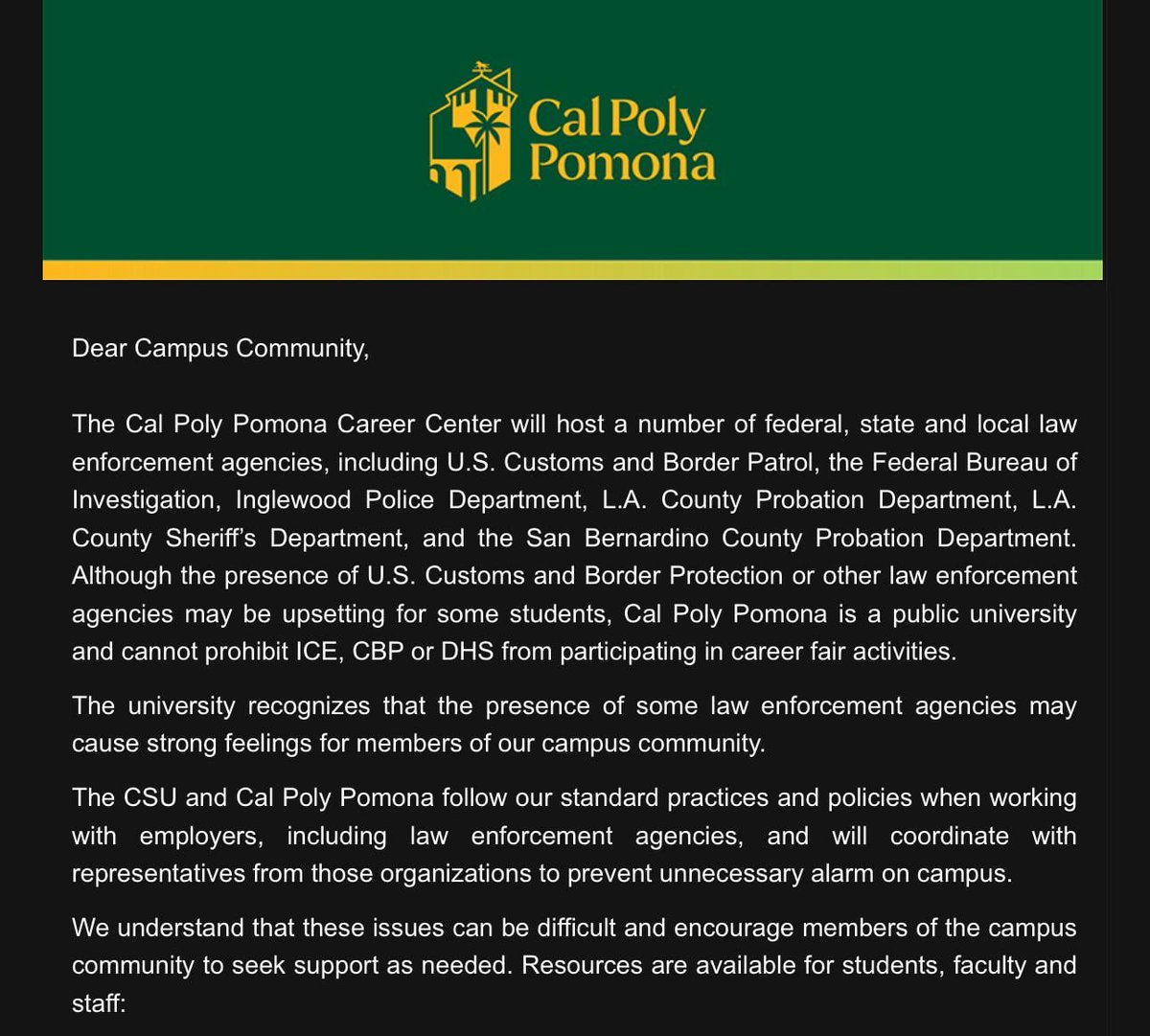 Hear in LA (@hearinladotcom) on Twitter photo ICE and CBP will be at <a href="/calpolypomona/">Cal Poly Pomona</a> Career Fair on September 18 from 10:30AM thru 2:00PM.
Expect massive protests. ICE and CBP will be at <a href="/calpolypomona/">Cal Poly Pomona</a> Career Fair on September 18 from 10:30AM thru 2:00PM.
Expect massive protests.