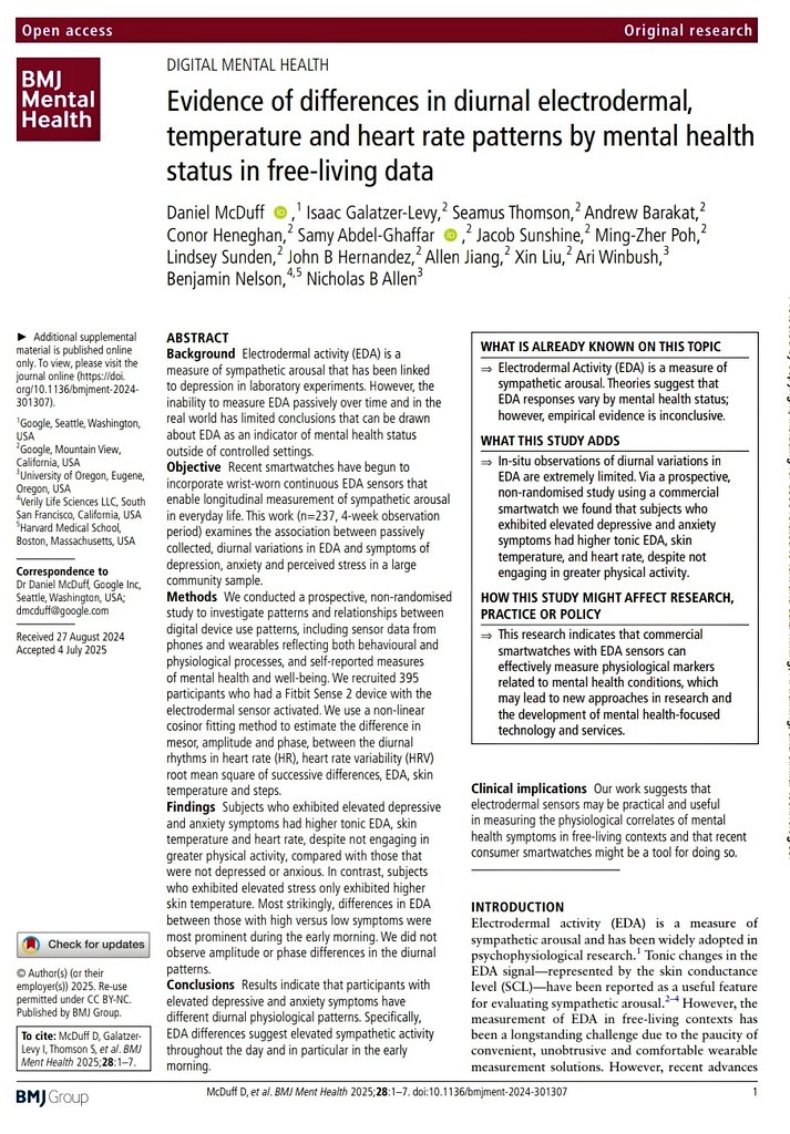 New Research <a href="/BMJMentalHealth/">BMJ Mental Health</a> 👇🏼 
Your smartwatch might know more about your mental health than you think.
People with anxiety &amp; depression show different patterns in heart rate, skin temp &amp; stress response, especially in the morning.
Smartwatches like Fitbit Sense 2 could help
