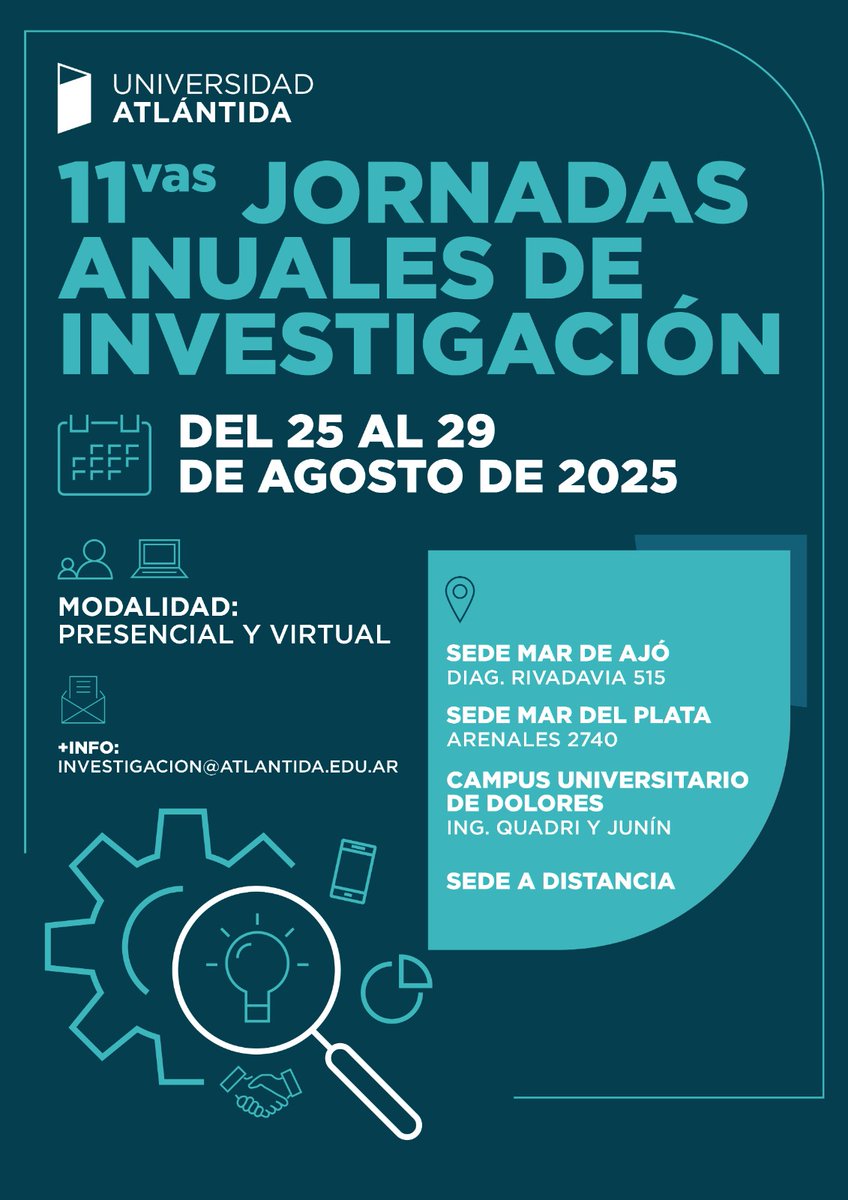 El lunes comienzan las 11vas Jornadas Anuales de Investigación de la <a href="/Uatlantida/">Universidad Atlántida</a> Los y las esperamos, en alguna de las tres sedes o por zoom. Cronograma del día lunes en atlantida.edu.ar/events/cronogr…
