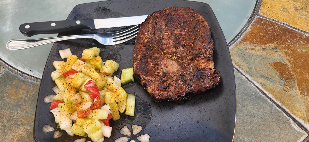 I'm back and 80% moved in!  Celebrating with some local SD beef and cucumber salad from the neighbor's garden.  I missed everyone's food porn!