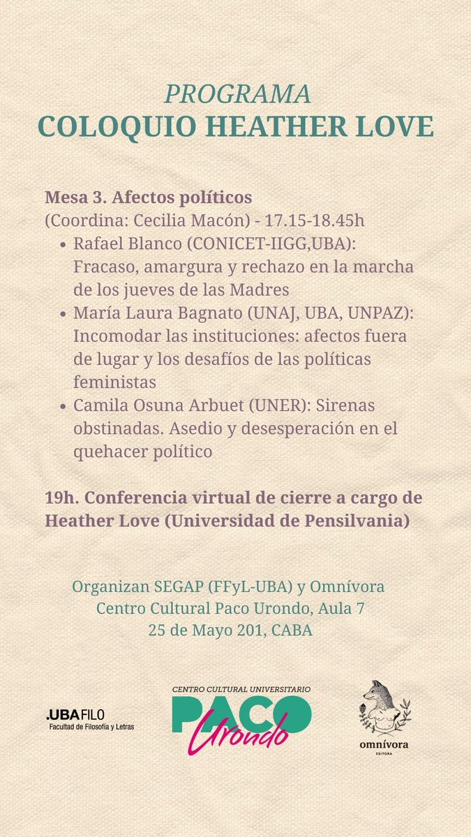 ceciliamacon's tweet image. Este viernes 29/8 SEGAP y @OEditora invitan al Coloquio Heather Love en el @CCPacoUrondo @UBAonline . Cierre con conferencia virtual de Love.