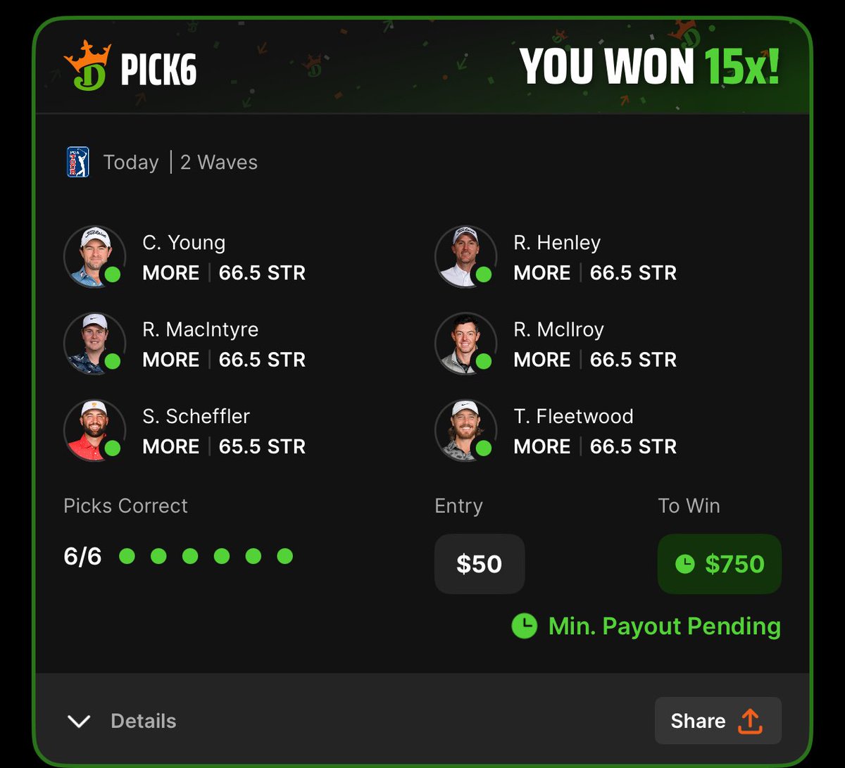 PicksProdigies's tweet image. PM PROP SWEEP🧹🧹

125 likes/RT for a round 4 FREE slip‼️

15x and a 8.5x☢️☢️

Russel Henley o 67.5 strokes✅
Tommy Fleetwood o 67.5 strokes✅
Scottie Scheffler o 66.5 strokes✅
Rory Mcllroy o 66.5 strokes✅
Bobby Mac o 66.5 strokes✅
Cam Young o 66.5 strokes✅
Patrick Cantlay o