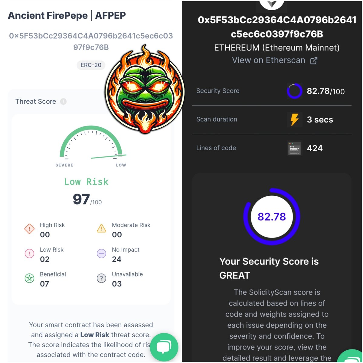 AFPEPtoken's tweet photo. #AFPEP contract scored 97/100 in Eherscan audits and is labeled Low Risk. With a security score of 82.78/100, it's officially rated "Great". Ancient #Firepepe isn’t just a meme it’s built solid

https://t.co/ai3Fh6wvDO

#TokenSale #Security #audit #memecoin #etherscan  #X1000 https://t.co/sdFoE6MSyF