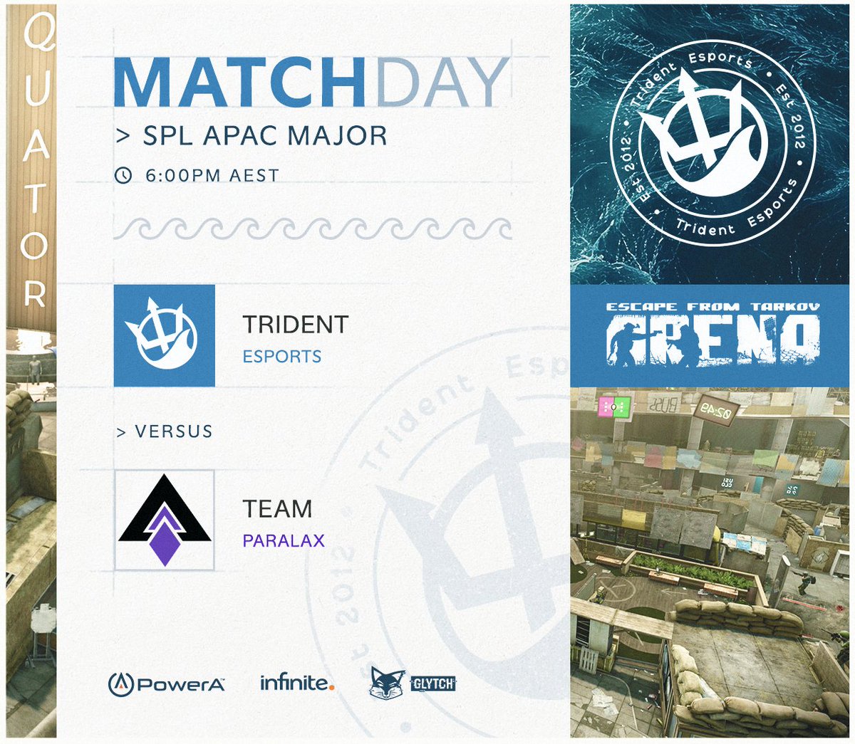 #MATCHDAY 

#TridentEFTA goes head-to-head against team #Parallax in UB-Round 1, First to 9 round bo3 style.

Unfortunately, there is no stream for this match. I will do my best to keep you updated.

🔗liquipedia.net/tarkovarena/Si…

#RaiseYourTrident🔱 | <a href="/Sicario_eSports/">Sicario eSports™️</a>