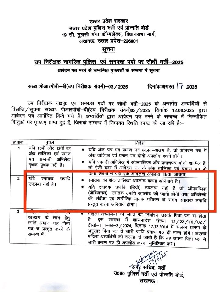 जब <a href="/upprpb/">Uttar Pradesh Police Recruitment & Promotion Board</a> ने विज्ञप्ति में पहले अंकतालिका या प्रमाणपत्र दिया था।

तो अब डिग्री या प्रोविजिनल अपलोड करने का नोटिस क्यों दे दिया है?

जिसने पहले ही फॉर्म भर दिया तो अब वो डिग्री अपलोड कैसे करेगा?

इसके लिए आप या तो फॉर्म में संशोधन की डेट दें या फिर डिग्री की अनिवार्यता को हटाएं।