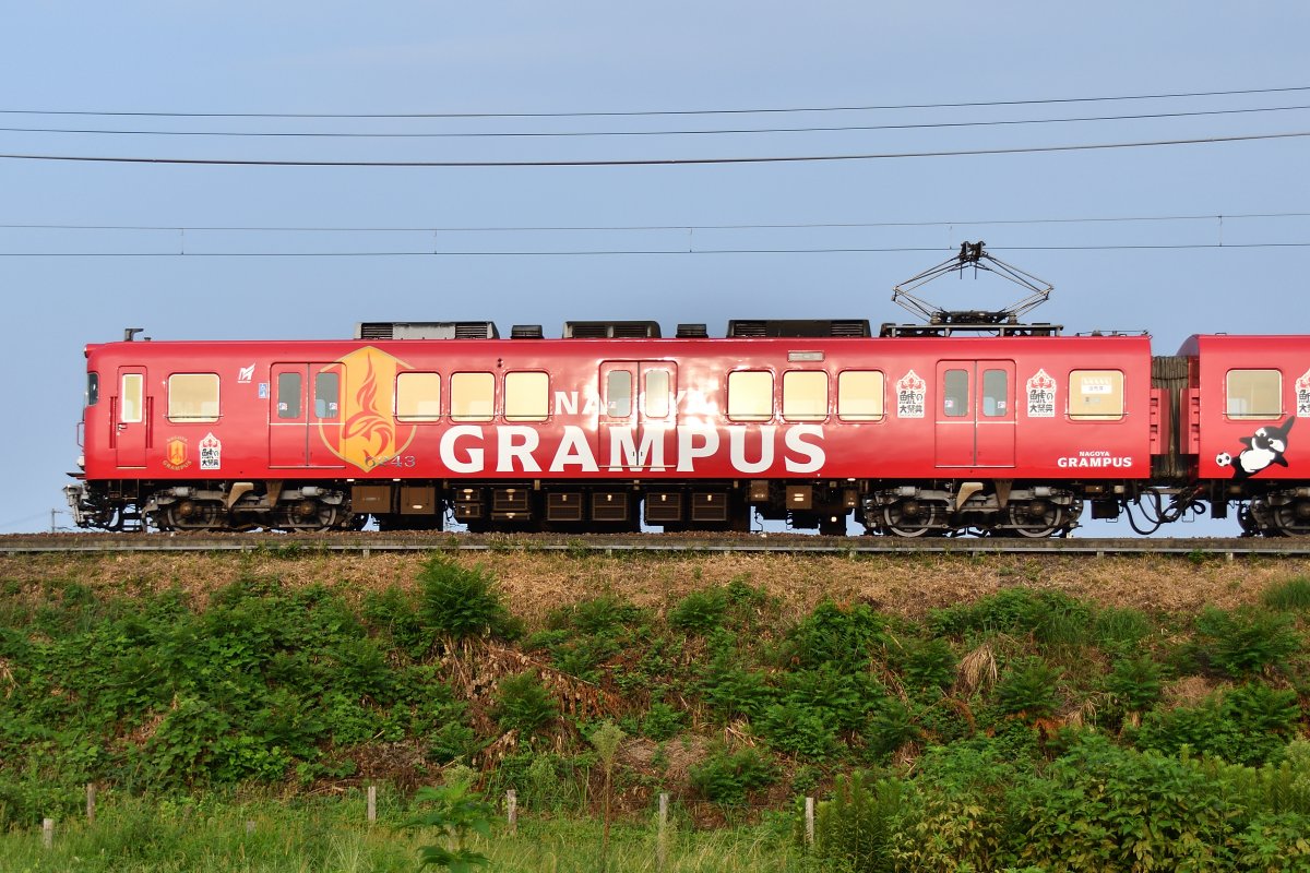 local_train64's tweet photo. グランパスラッピングトレインの6043F
朝方、猿投～知立を２往復して猿投でお休み中
日中はもう出て来ないかな？

猿投には6043F+6042Fの他に6517Fが庫内でパン上げお休み中。他に6014Fがパン下げ状態で干からびていました。

6043F 661ㇾ
2025.08.24 https://t.co/W28UhHSoOY