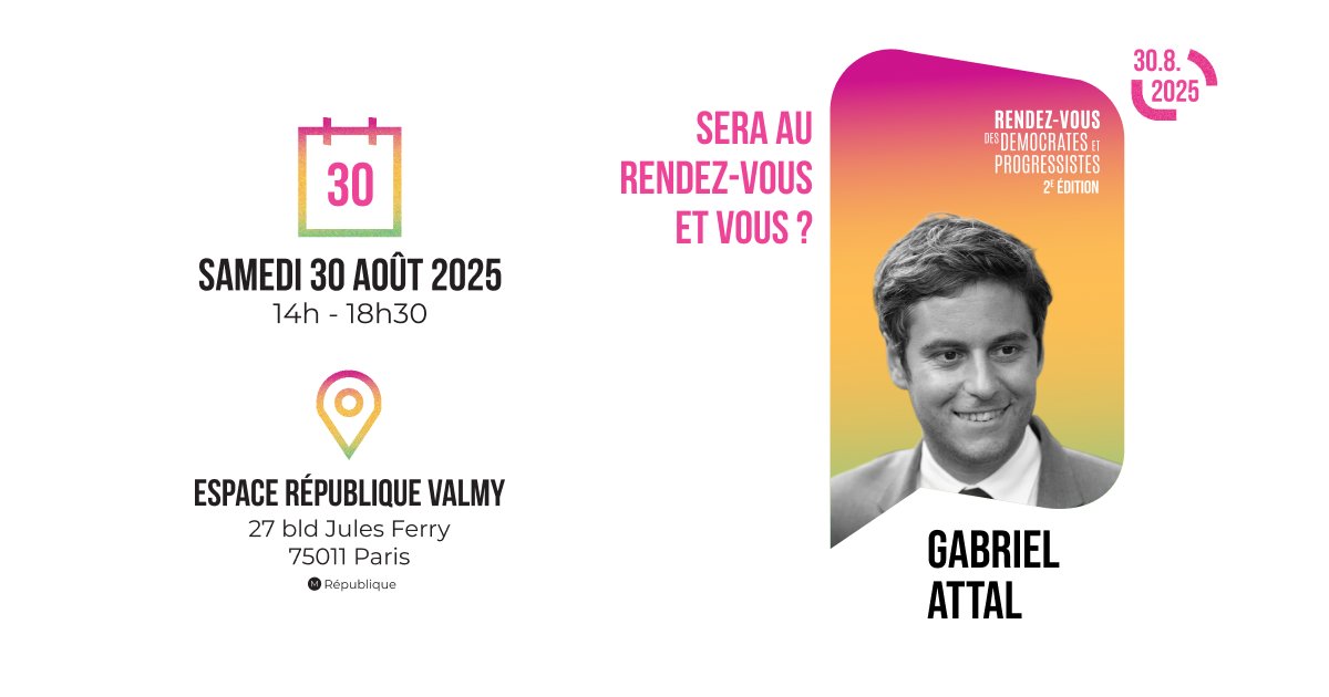Territoires de Progrès (@terresdeprogres) on Twitter photo #RDDP | J-6️⃣ <a href="/GabrielAttal/">Gabriel Attal</a> sera présent...et vous ?
✨️ Ce sera un moment fort et déterminant, marqué par notre rentrée politique et par la nouvelle identité de notre parti.
C’est ensemble que nous écrivons la suite, rejoignez-nous !
👉docs.google.com/forms/d/e/1FAI… #RDDP | J-6️⃣ <a href="/GabrielAttal/">Gabriel Attal</a> sera présent...et vous ?
✨️ Ce sera un moment fort et déterminant, marqué par notre rentrée politique et par la nouvelle identité de notre parti.
C’est ensemble que nous écrivons la suite, rejoignez-nous !
👉docs.google.com/forms/d/e/1FAI…