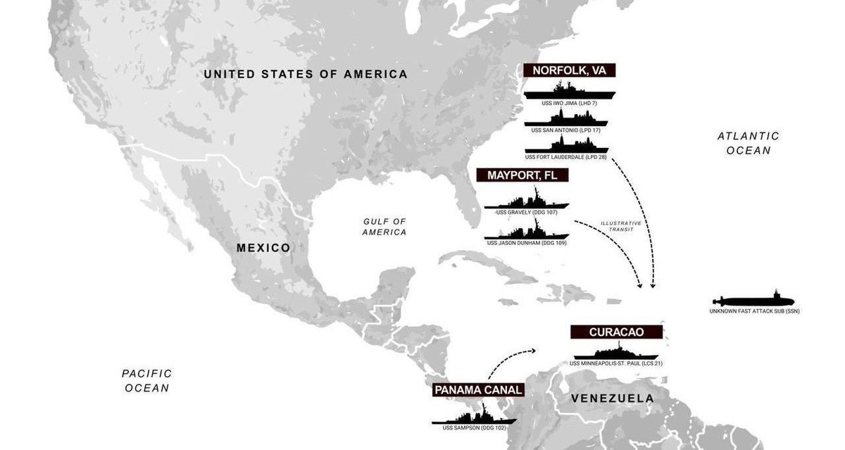 🚨🚨🚨Alert: US deploys massive armada off the coast of Narco Terrorist controlled Venezuela!! '

Thousands of US Marines on a fleet of warships sent to Venezuela TODAY in preparation for an invasion!! 

Narco terrorist Maduro braces for 'regime change military invasion’ under