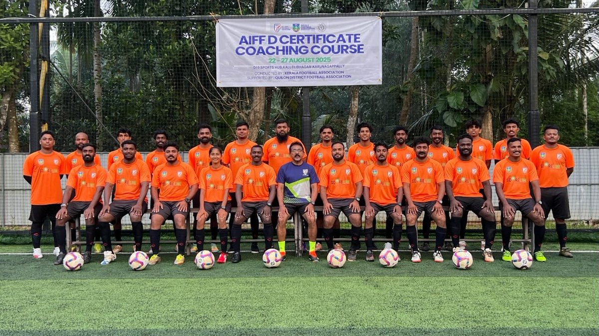 keralafa's tweet image. 📢 AIFF D Certificate Coaching Course – Kollam
📅 22 – 27 August 2025
👨‍🏫 Led by AIFF Coach Educator Mr. Deepak CM

Building the next generation of football coaches! ⚽✨

#AIFF #CoachingCourse #IndianFootball #Grassroots #KeralaFootball #Kollam