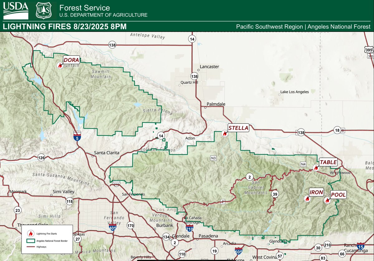 Today’s lightning fires on the Angeles National

Iron - Iron Mountain, north of “Bridge to Nowhere” and south of Wrightwood.  Single tree fire, Angeles Helitack 532 assigned.

Dora - South of Quail Lake near forest road 8N04. 1/4 acre fire has been knocked down.

Stella -