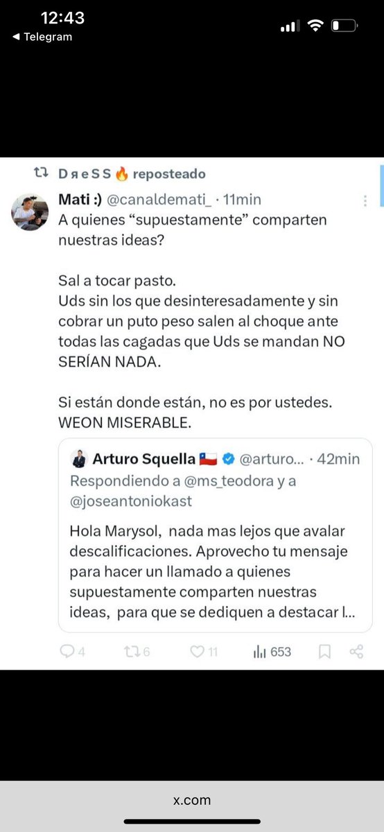 hernan_sr's tweet photo. 🚨TERREMOTO EN REPUBLICANOS🚨

¿Comienza la caída de la campaña de Kast ? 

Resulta que uno de sus bots principales hoy publicó una gran fake News con un video de Jeannette Jara bailando en un encuentro en Talca, pero él dijo que era en la sala de espera de un hospital. 

Una usuaria de Twitter los encara mencionando a @arturo_squella  y el presidente de los republicanos le contesta haciendo un llamado a no descalificar a los demás. 

Acto seguido los bots se enojan con Squella y lo tratan de “miserable” y terminan diciéndoles que se acabó la carrera presidencial de Kast. 

Luego todos esos tweets desaparecen.