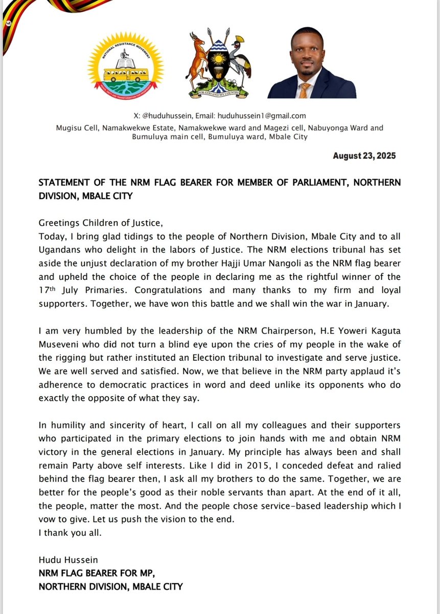 HuduHussein's tweet image. The NRM tribunal declared me the flag bearer for MP Northern Division Mbale City. This is a win for the people who voted for a better Mbale. I thank my supporters and call on my opponents to unite with me to win against opposition in January for the people and the @NRMOnline