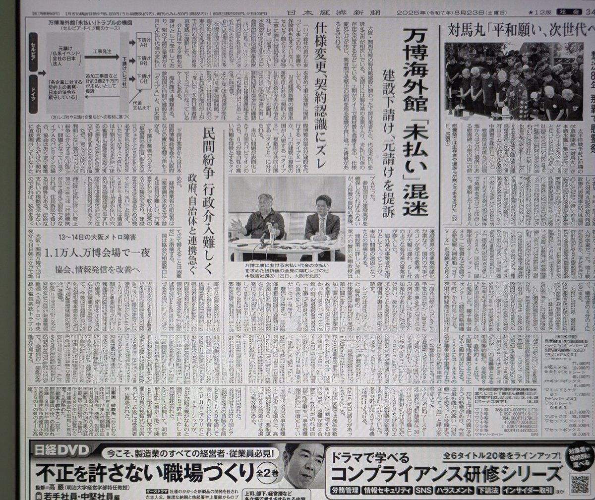 これ↓昨日の日経新聞の社会面。「万博海外館『未払い』混迷」
「13〜14日のメトロ障害　1.1万人、万博会場で一夜」
ほぼ一面が万博不祥事で埋まる。もはや大阪万博は維新無能行政による社会問題。
ソーセージの大きさなど、なんの問題でもない。とことん卑怯で責任感の欠落した男だと思う。