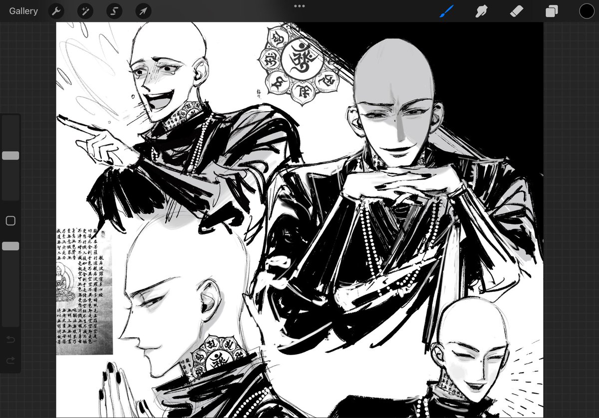 2) original character ซินเจ๋อ
จุดสังเกต: จีวรดำสายมาร ยิ้มชั่วร้าย รอยสักรอบคอ // รอยธูปเป็นจุดเล็กๆ บนสันจมูก คิ้วบาง ดวงตาดำสนิท มีถุงใต้ตาเน้นๆ 🥺 // เป็นคู่ปรับกับหนุ่มมือกระบี่ชุดดำแดง หน้าตาน่ากลัว 🤣 