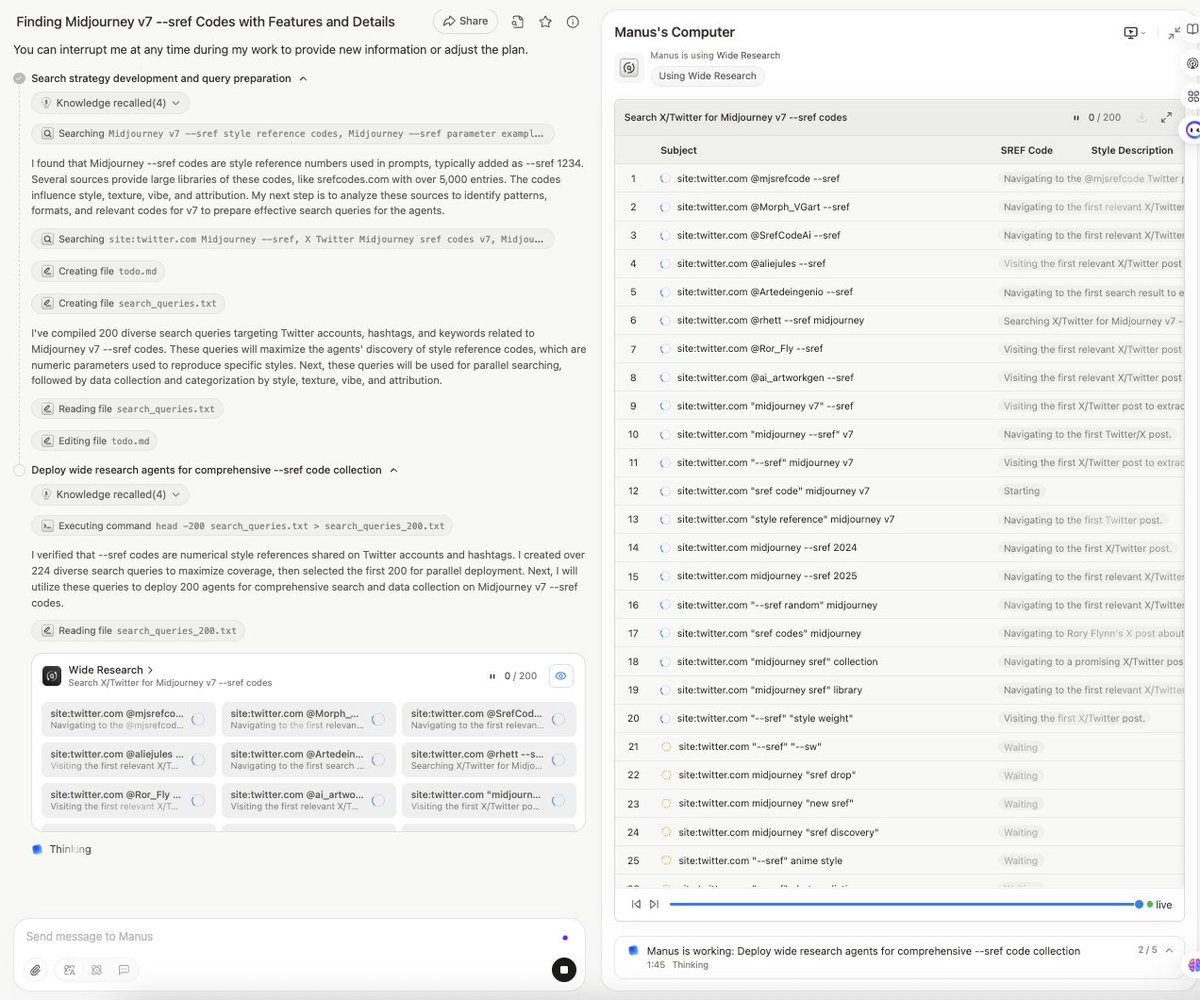 ChrisUniverseB's tweet image. Activated 200 Wide Research Agents with @ManusAI_HQ to search 200 different accounts and gather all the best --srefs and organize them with its features, colors, texture, vibe, etc... if you want the list just comment &quot;sref&quot;