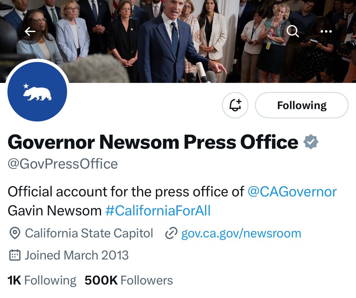 Jack Cocchiarella (@jdcocchiarella) on Twitter photo BREAKING 🚨 <a href="/GovPressOffice/">Governor Newsom Press Office</a> just hit 500k followers on Twitter and many people are saying the White House walls are covered in ketchup. BREAKING 🚨 <a href="/GovPressOffice/">Governor Newsom Press Office</a> just hit 500k followers on Twitter and many people are saying the White House walls are covered in ketchup.