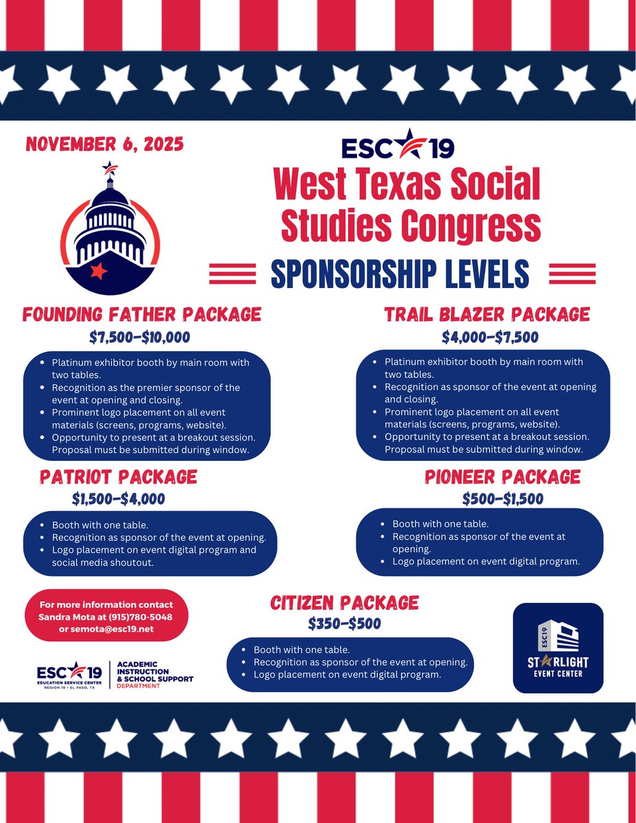 📣 Calling all partners &amp; supporters!

Join us at the West Texas Social Studies Congress on Nov 6, 2025 🇺🇸

🤝 Sponsorship packages available!

✅ Booths, recognition, breakout sessions &amp; more!

📍 Starlight Event Center

#WTSSC #SocialStudies #Education  <a href="/ESCRegion19/">ESC-Region 19</a>