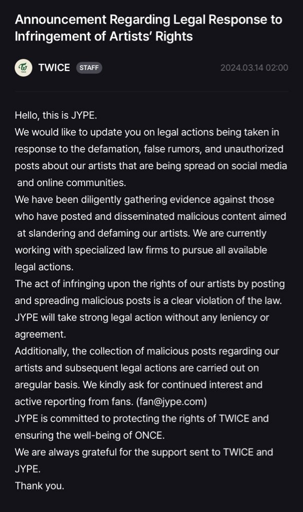Twiceppy's tweet photo. Always these empty promises, but we're tired of waiting and waiting for answers and concrete actions from this company that has so belittled TWICE. We don't want promises. We want ACTIONS!

TWICE DESERVES RESPECT 
#JYPE_PROTECT_TWICE 
#JYPE_RESPECT_TWICE 
@jypnation https://t.co/sAP0zVKIJm