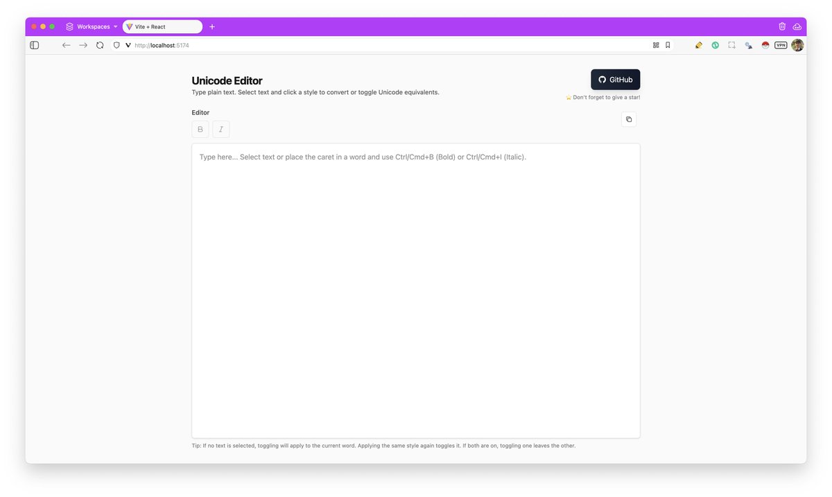 SpunkyAmigo's tweet photo. https://t.co/7N3iV0DJUe Just vibe coded this in minutes.

This is an Unicode Editor. So basically you can make your text go 𝐛𝐨𝐥𝐝 and 𝑖𝑡𝑎𝑙𝑖𝑐 or how about 𝑩𝑶𝑻𝑯! https://t.co/UD04NnE299
