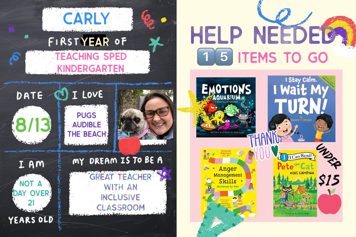 Hi, I’m Carly👋🏼

1️⃣5️⃣ items left! Hoping for a 🧚🏼or🥷🏼! First classroom so many needs!

🍎SpEd Kindergarten teacher from TX
✨Entering year 1
📚Title 1 School
💕Working to #clearthelist
🫶🏼Items under $10

#Teachersof𝕏
#ClearTheLists2025
#JohnClearMyList

amazon.com/hz/wishlist/ls…
