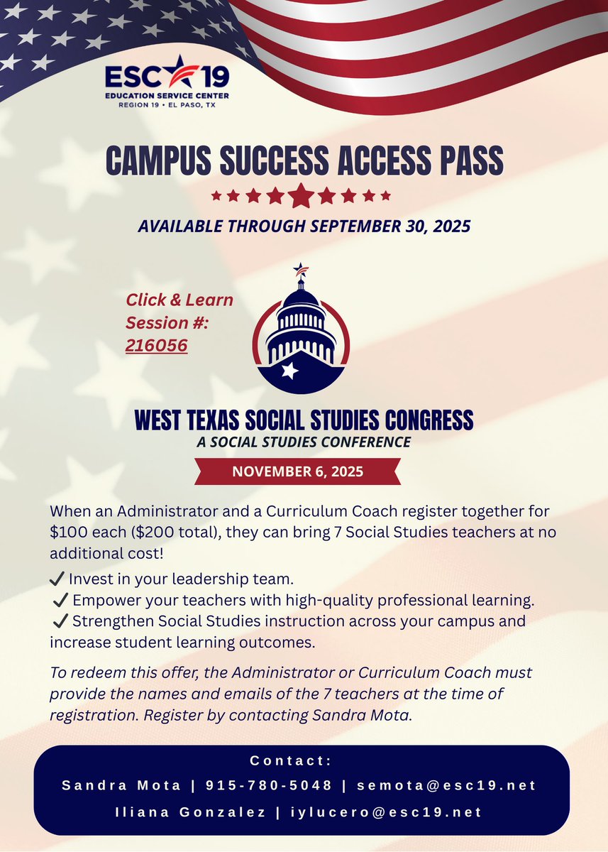 📣 Campus Success Access Pass!
Admin + Coach register ($100 each total of $200) &amp; bring 7 teachers at no cost to the West Texas Social Studies Congress! 🇺🇸

📅 Nov 6, 2025 | Offer ends 9/30/25

#WTSSC #SocialStudies <a href="/ESCRegion19/">ESC-Region 19</a>