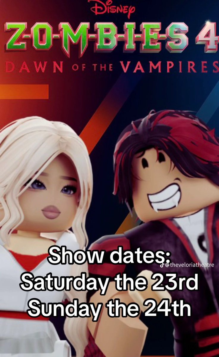 🎤Zombies 4 musical
-closing night-
August 24th
3pm EST | 8:15pm BST
NBH Code: axzlxia
🎫$1000

Zed &amp; Addison are on a summer trip that goes wrong, landing them at a run-down camp where vampires &amp; daywalkers are fighting over the last Blood Fruit.

Audio: discord.gg/MPfZCMeH