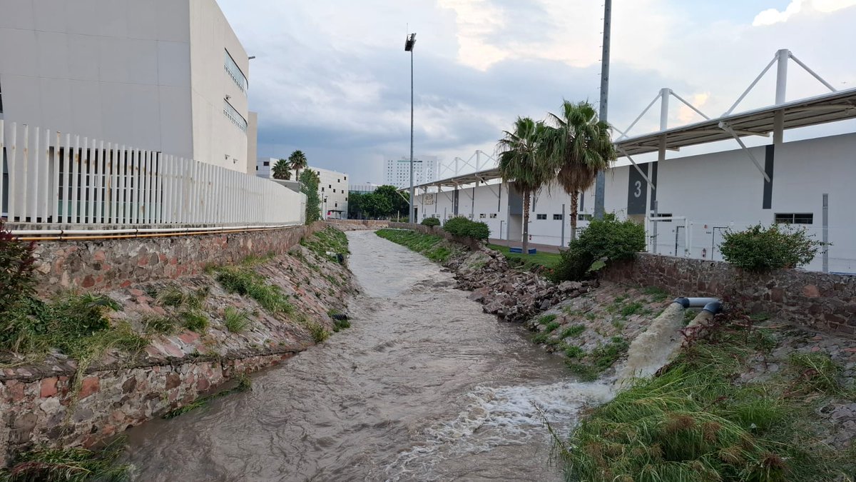CodigoQro's tweet photo. #Entérate ⛈️ Tanto el área residencial como el campo de futbol americano del Tec de Monterrey siguen inundados, luego de la lluvia torrencial de ayer viernes por la noche. Con pipas y bombas, trabajadores laboran para desalojar el agua acumulada en otras zonas del Campus Querétaro.

🔴 Debido a las labores de reparación de daños, la institución anunció que las clases serán virtuales del lunes 25 al sábado 30 de agosto.
📷 Mauricio Hernández