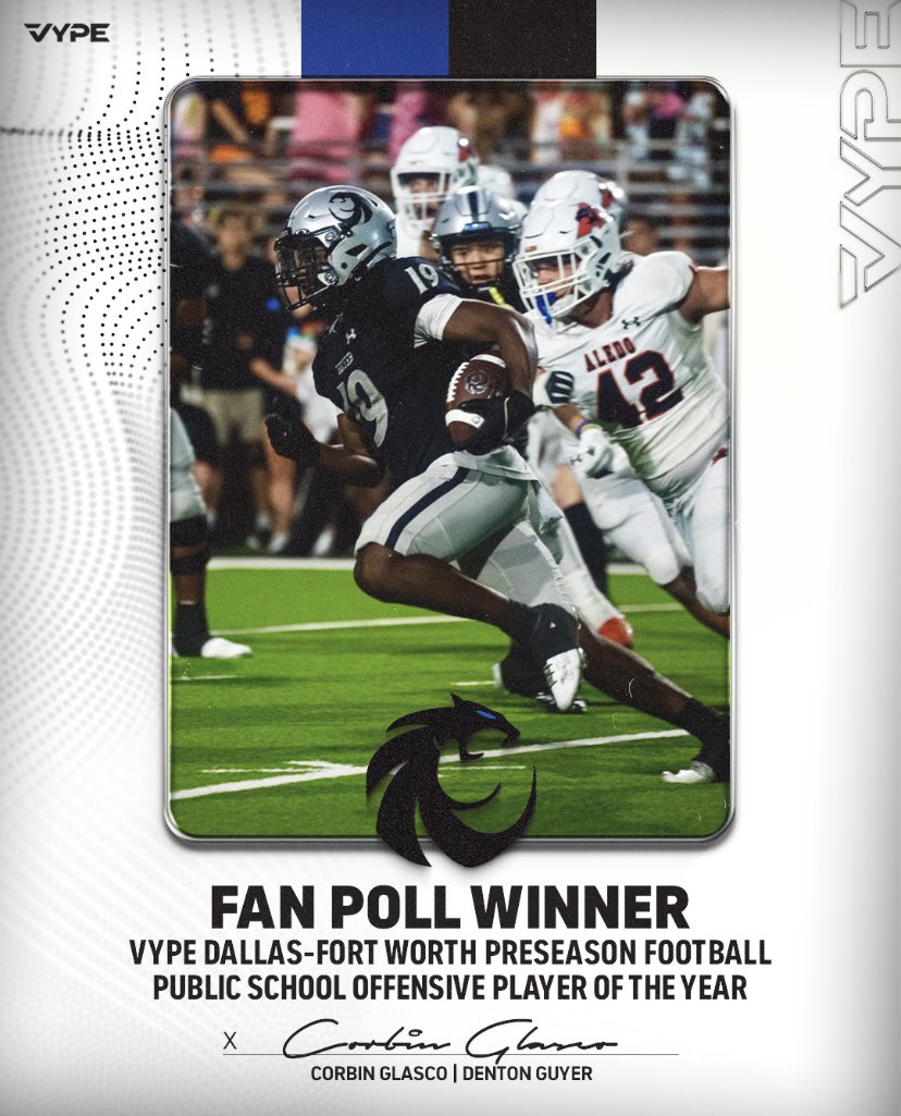 VYPE DFW (@vypedfw) on Twitter photo Congratulations to the winner of our recent VYPE Dallas-Fort Worth 2025 Preseason๐ PUBLIC Offensive Player of the Year๐ fan poll -- Corbin Glasco (Denton Guyer) -- who was voted on earlier this month!
<a href="/CorbinGlasco/">Corbin Glasco ๐ ๐ ๐</a> <a href="/DentonGuyer_FB/">Denton Guyer Football</a>
๐ธ by preludeproduction (Instagram) Congratulations to the winner of our recent VYPE Dallas-Fort Worth 2025 Preseason๐ PUBLIC Offensive Player of the Year๐ fan poll -- Corbin Glasco (Denton Guyer) -- who was voted on earlier this month!
<a href="/CorbinGlasco/">Corbin Glasco ๐ ๐ ๐</a> <a href="/DentonGuyer_FB/">Denton Guyer Football</a>
๐ธ by preludeproduction (Instagram)