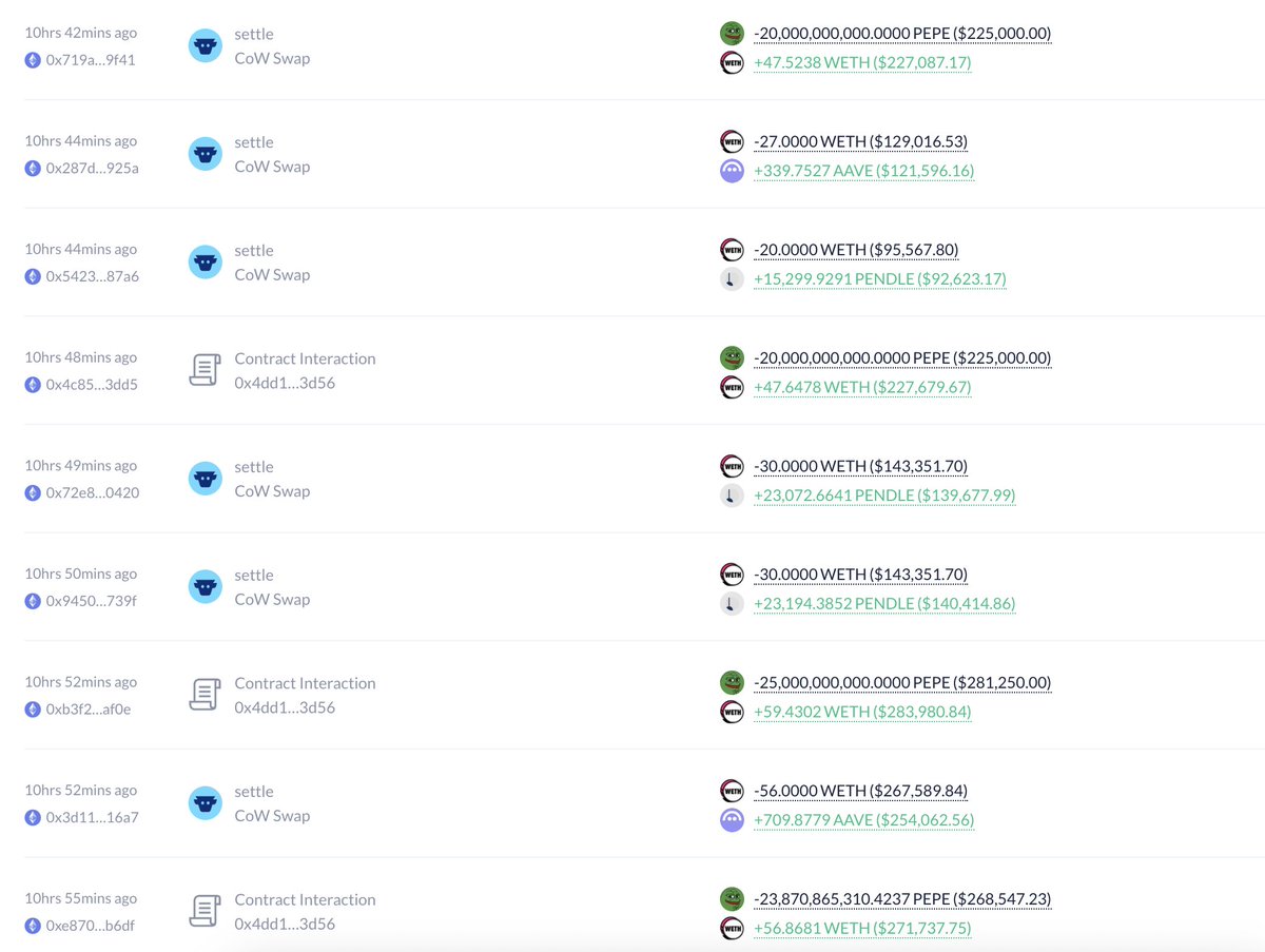 PEPE、AAVE、PENDLEを含む大口の取引のスクリーンショット