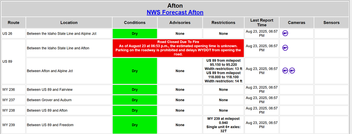 BridgerTetonNF's tweet photo. ALERT: WYOMING DEPT. OF TRANSPORTATION has closed US 89 from Idaho State Line to Afton due to the #WillowCreekFire Follow WYDOT for information on Highway closure and road reports. Photo Credit: USFS #FireYear2025 #BTNF https://t.co/2TW4ROm1CF