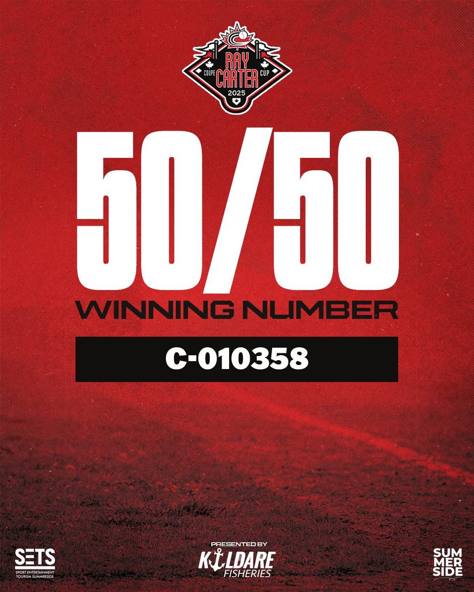 50/50 WINNING NUMBER ➡️  C-010358

If you have the winning ticket, please bring the winning ticket to the box office at Queen Elizabeth Park to claim your prize of $1,170.

#SummersideBaseball |<a href="/summersidePEI/">City of Summerside</a> | <a href="/baseballcanada/">Baseball Canada 🇨🇦⚾️</a> | <a href="/tourismpei/">TourismPEI</a>